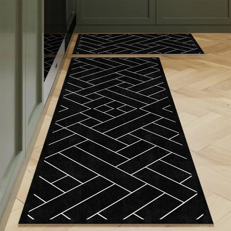 Aisle Runner White - Minimalist Black White Herringbone Kitchen Mat